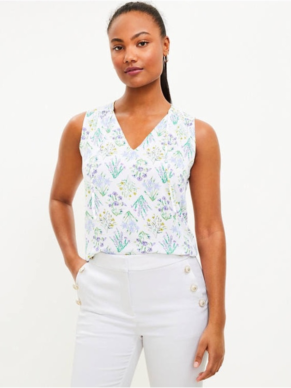 LOFT White Floral Print Mixed Media Sleeveless Top
